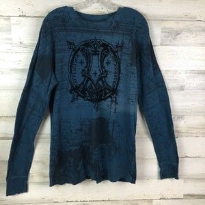 Affliction Shirt Thermal Long Sleeve Blue Wings Distressed Flocked Mens Size XL